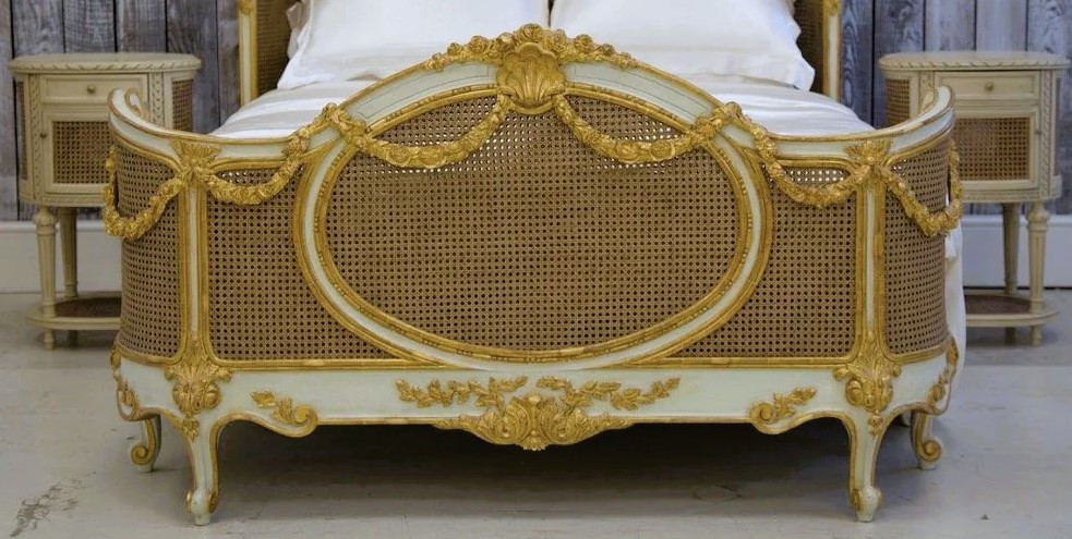 GREEN AND GOLD FRENCH CANE BED