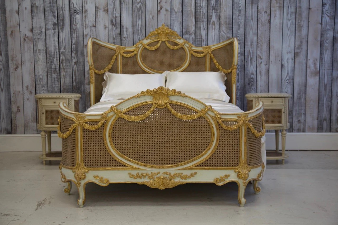 GREEN AND GOLD FRENCH CANE BED