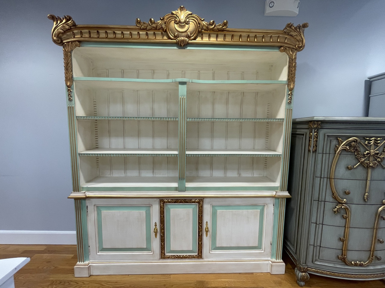 ANTIQUE STYLE WIDE FRENCH BOOKCASE AND DISPLAY CABINET