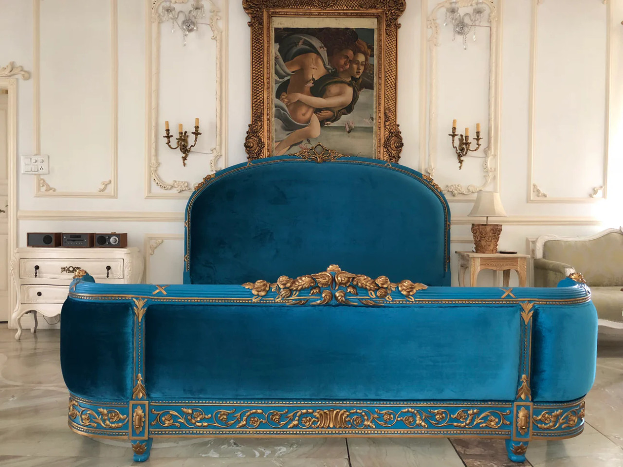 BLUE AND GOLD UPHOLSTERED FRENCH BED FRAME
