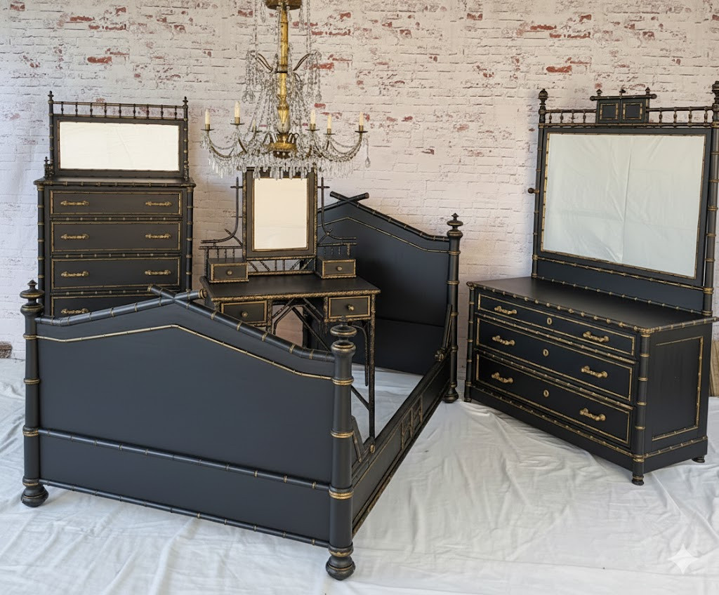 Bamboo-Style Bedroom Set Black and Gold Gilt