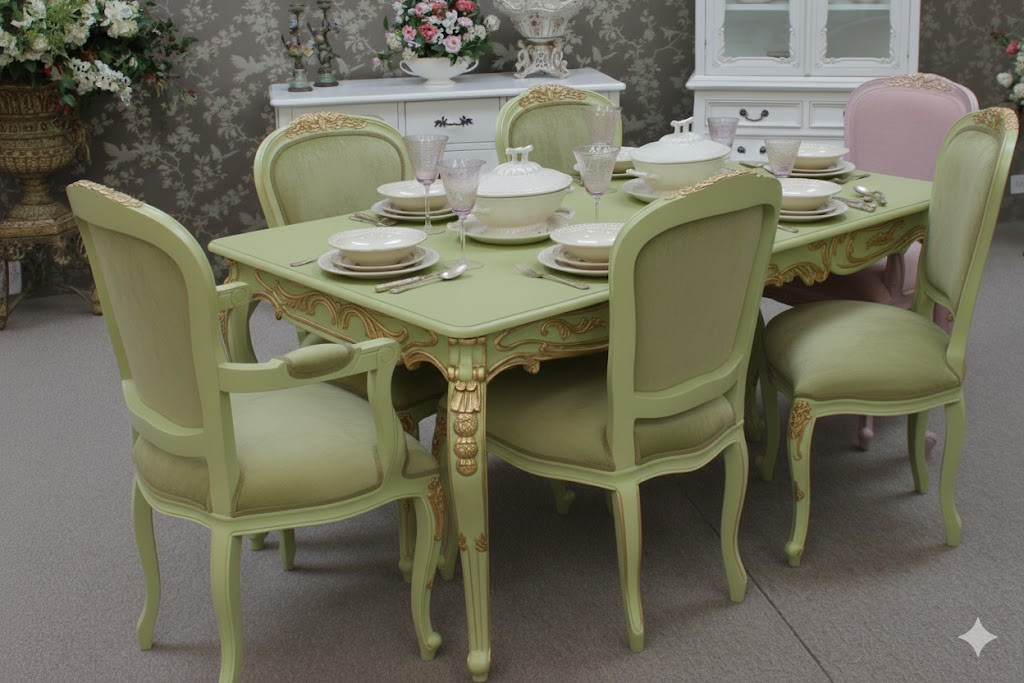French Style Dining Table Set 9-Piece Pale Red Violet and Gold