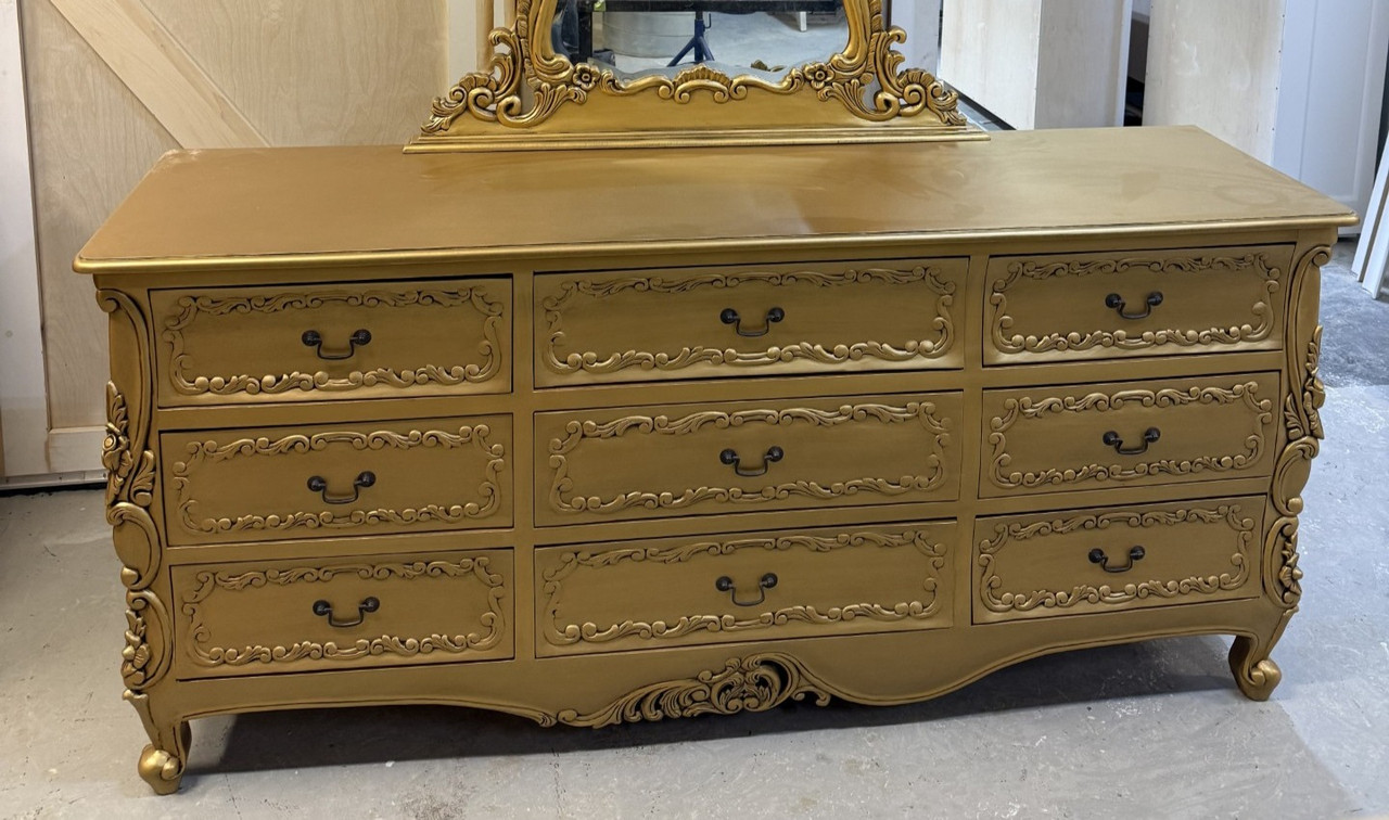 gold dresser & Cream Lacquer Vanity and Mirror Accented with gold finished drawer pulls and bracket style legs ROCOCO NINE DRAWER DRESSER