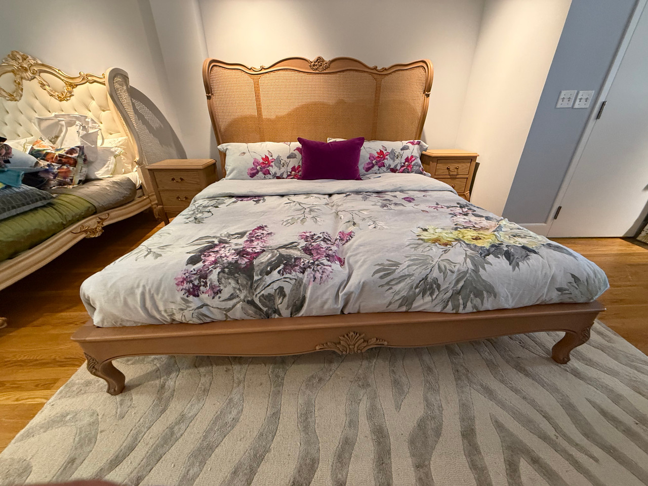 Louis XV Provincial Hand-Carved Mahogany and Natural Cane Bed