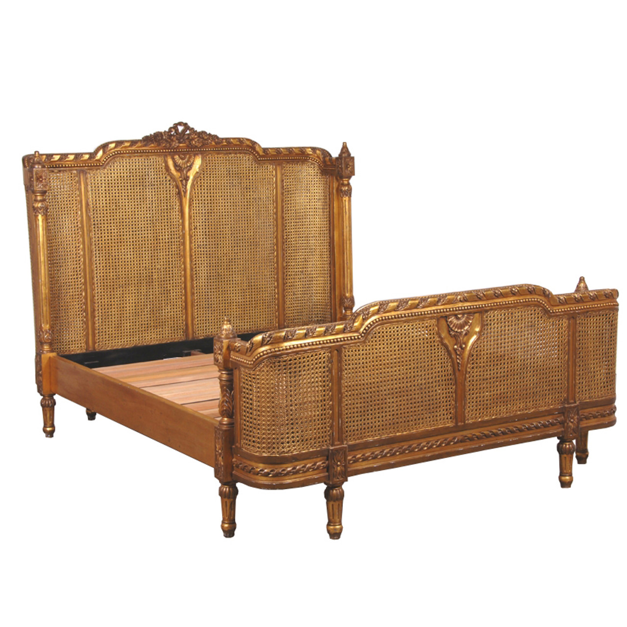 Custom Antiqued Gold Cane Rattan Bed