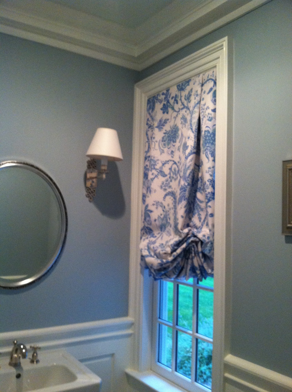 Tailored Balloon shade Window Treatments for Powder Room and Hallway