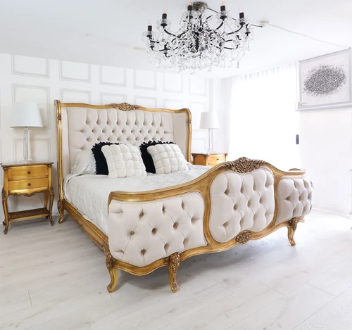 Wing Bed Tufted Bedroom Set, Versailles Gold Leaf