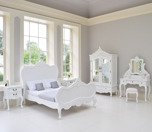 Provincial Luxury Carved Bed Set, White / White