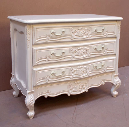 Rococo 3 Drawer Chest, Antique White with white handles