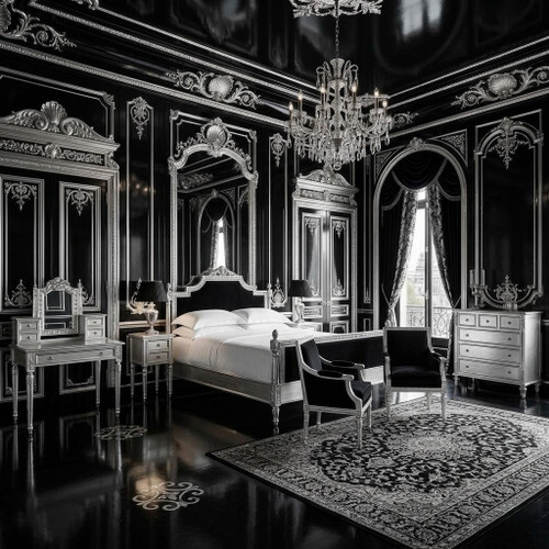 Josephine 7-Piece Luxury Rococo Bedroom Set – Black & Silver