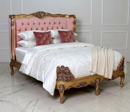 Versailles Luxury Tufted Bed Frame – Gold & Pink Silk