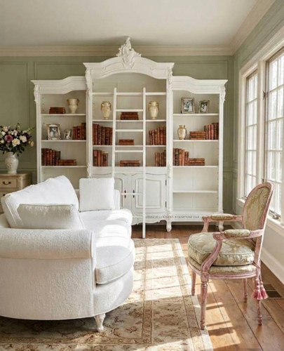 French Carved Bookcase Display with ladder, White