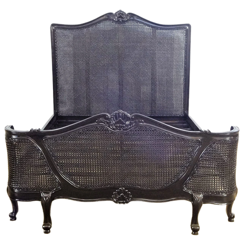 French Chateau Rattan Bed, Black Gloss