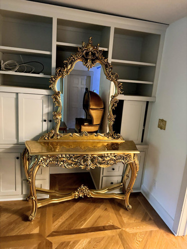 French Chateau Gold Console Table & Mirror