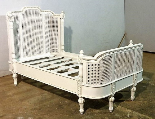 French Chateau Rattan Bed, Antique White