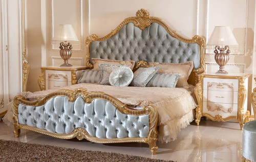 Luxury Baroque Tufted Bedroom Set, White and Gold