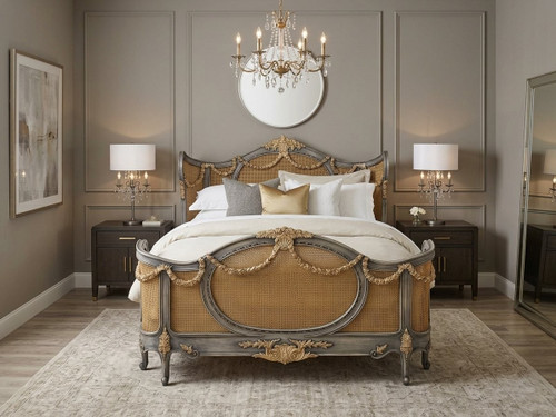 Louis XVI Swag Roses Rattan Bed Frame, Blue and White