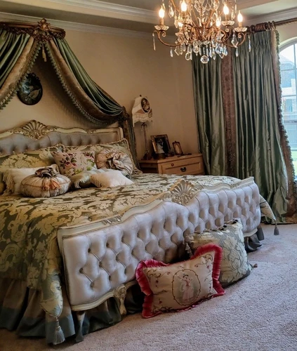 Champagne French Tufted Bed III, Soft Ivory and Light Gold