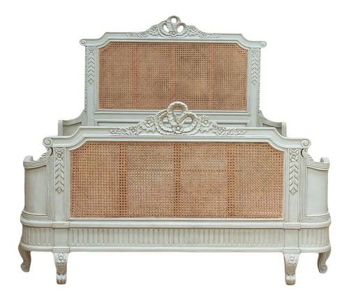 Louis XVI Rattan Wing Bed Frame, Light Blue Green