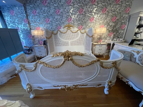 Louis XVI Swag Roses Rattan Bed Frame, White and Gold