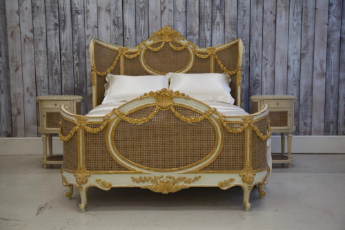 Louis XVI Swag Roses Rattan Bed Frame, Green and Gold