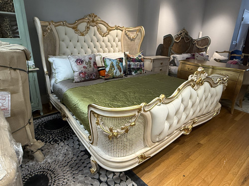 DAPHNE CLAIR LOUIS XV BED, RATTAN TUFTED WING BED GOLD AND IVORY