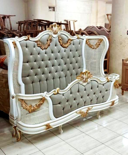 LOUIS XV CANE BED WHITE AND GOLD WITH GREY UPHOLSTERY