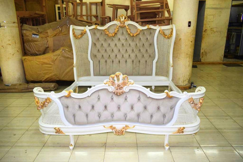 FRENCH CANE AND UPHOLTERED BED WHITE AND GOLD GREY VELVET