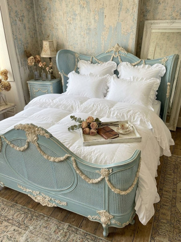 Louis XVI Swag Roses Rattan Bed Frame, Blue White