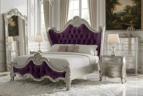 Royale Rococo Bed Frame – Antique Silver & Purple Velvet