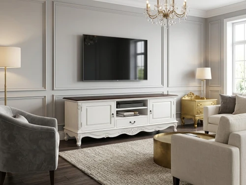 French Low Sideboard TV Unit White with Dark Wood top