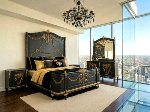 CHATEAU DE VERSAILLES BED BLACK AND GOLD, HIGH HEADBOARD (SOLID OAK)