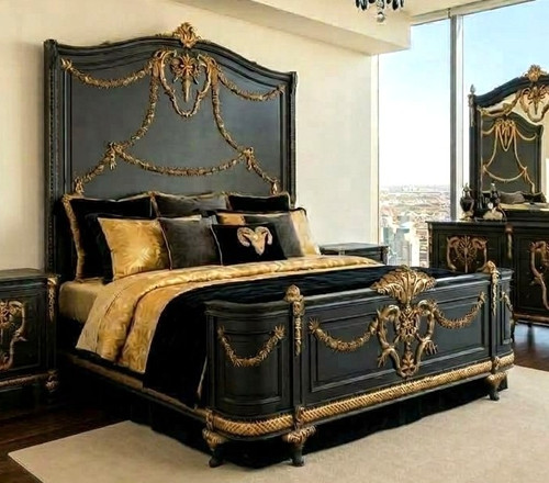 FRENCH BLACK AND GOLD BED WITH HIGH HEADDBOARD