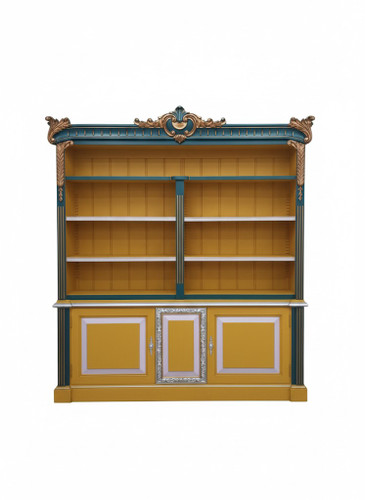 CHATEAU DE VERSAILLES BAROQUE WIDE BOOKCASE OLD BLUE GOLD SILVER
