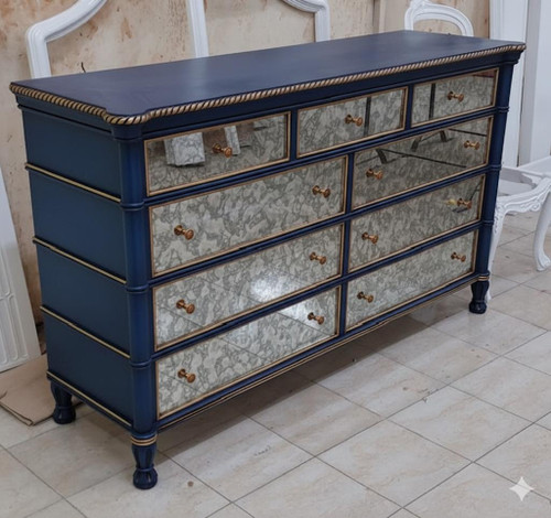 NAVY AND GOLD BAMBOO TEN DRAWER MIRRORED DRESSER