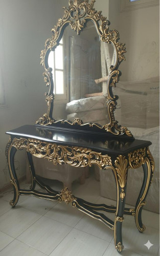 BLACK AND GOLD GILT CONSOLE TABLE AND MIRROR