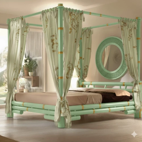 LUXURY BAMBOO CANOPY BED GREEN AND GOLD