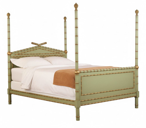 GREEN AND GOLD FAUX BAMBOO FOUR POSTER BED