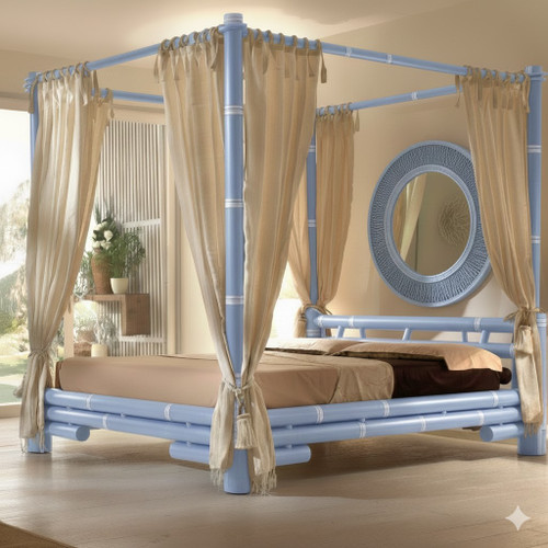 BLUE AND SILVER FAUX BAMBOO CANOPY BED