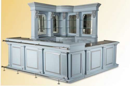 PALE BLUE AND SILVER CORNER HOME BAR