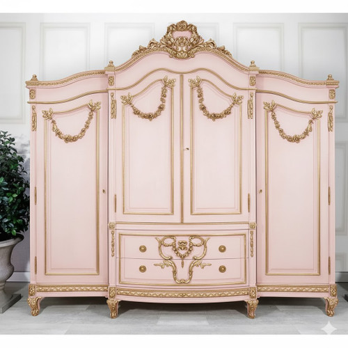 LIGHT PINK AND GOLD WIDE FRENCH ARMOIRE
