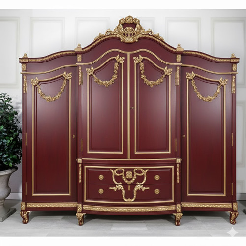  RED WINE AND GOLD WIDE FRENCH ARMOIRE