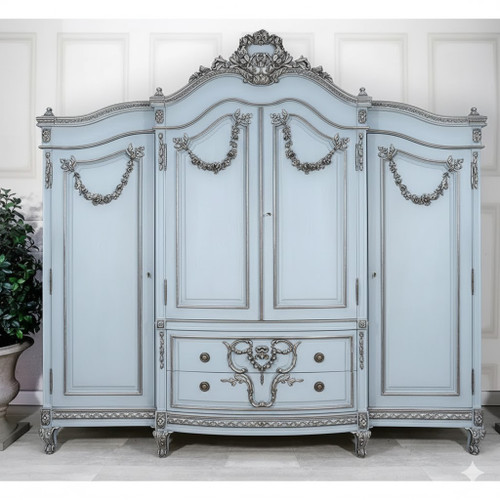 PALE BLUE AND ANTIQUE SILVER WIDE FRENCH ARMOIRE