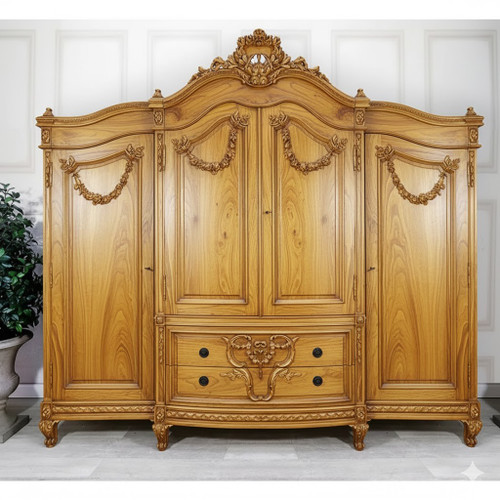 Iroko veneer and gold WIDE FRENCH ARMOIRE