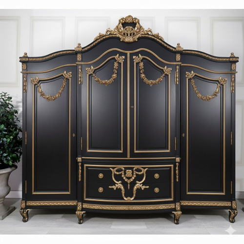 ANTIQUE BLACK AND ANTIQUE GOLD WIDE FRENCH ARMOIRE