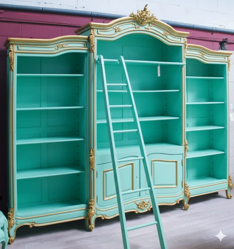 AQUA MARINE AND GOLD FRENCH ARMOIRE WITH LADDER