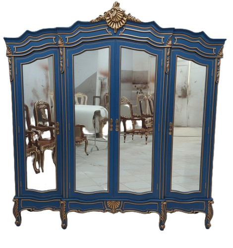 French Carved Wardrobe, 4 Door Cadet Blue and Gold