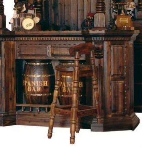 Luxury Spanish Home Pub Bar with Barrel Stools Vintage Antique Mahogany