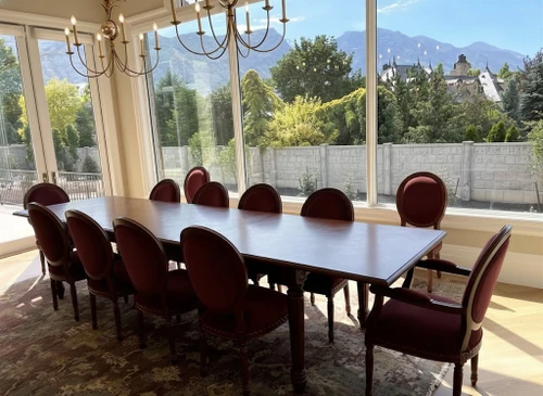 LARGE LOUIS XVI EXTENDED DINING SET WITH LEAVES MAHOGANY FINISH