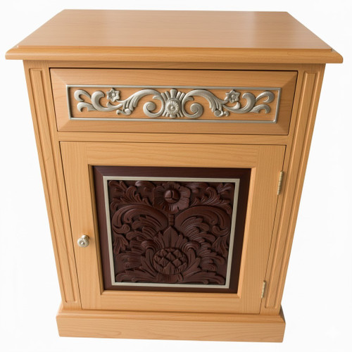 GOTHIC BEDSIDE BEECH AND MAHOGANY VENEER AND SILVER